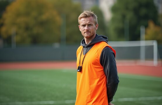 Blonde coach with whistle on neck wears orange vest on green football field. He supervises practice on artificial turf with blurred background trees and goal.