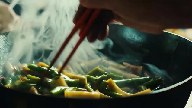 Steaming stirfried vegetables in wok