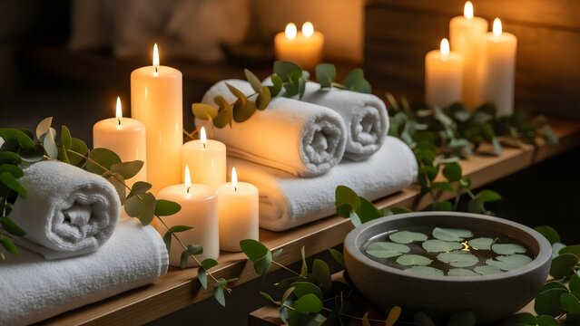 Indulge in a peaceful spa experience with warm candlelight and fresh eucalyptus leaves for ultimate relaxation. - Powered by Adobe