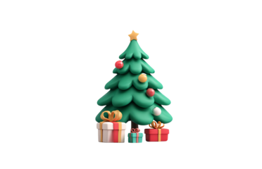 3d cartoon Christmas tree with presents isolated on a transparent background 1