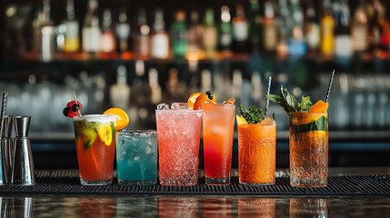 Colorful cocktails drinks at bar counter refreshing alcoholic beverages party celebration nightlife