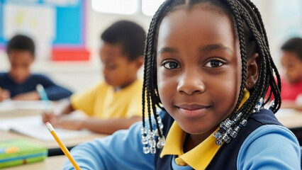 Young black girl with braids smiles in classroom focusing on education and learning with other students in the background