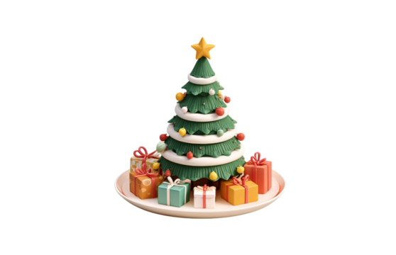 3d Christmas tree with gifts on white plate isolated on a transparent background - Powered by Adobe