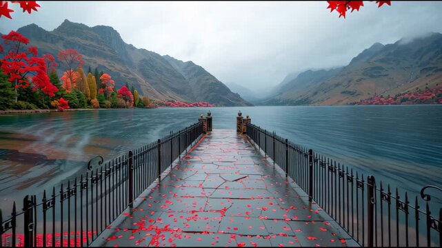 Walkway to vibrant autumn colors and mountain lake view, inviting serene getaway and peaceful travel destination video sequence preview