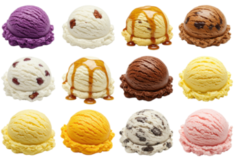 Twelve ice cream scoops, various flavors, caramel drip, arranged on white with copy space, soft studio lighting, sharp focus. Decadent dessert variety