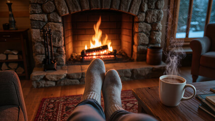 Cozy fireplace scene with warm drink and comfortable seating during winter evening Generative AI