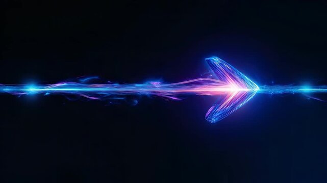 Futuristic neon blue light arrow speeding to right with energy trails on black background