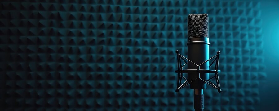 Studio microphone stands against acoustic foam. Audio equipment recording a podcast or music. Vocal mic on a dark background perfect for vocal music or recording studio. - Powered by Adobe