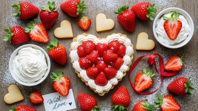 Delightful strawberry heart tart with fresh berries and cream makes a sweet Valentine's Day treat.