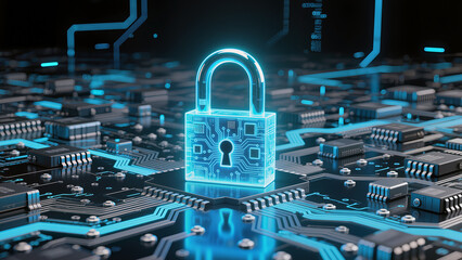 Digital security lock on a circuit board with luminous details in a futuristic setting representing cybersecurity Generative AI