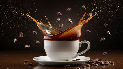 Coffee splash in a white cup with beans falling around it on a dark wooden background Generative AI