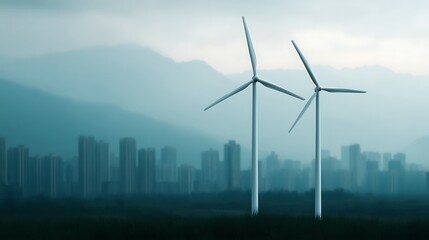 Two wind turbines stand against a backdrop of a city skyline and mountains, illustrating the blend of technology and nature.