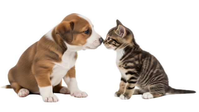 Brown and white puppy and tabby kitten face to face with noses nearly touching on black background