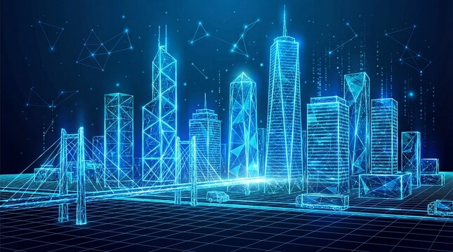 Low Poly Wireframe Smart City Technology Concept. Futuristic Urban Skyline, Architecture and Connected Digital Network