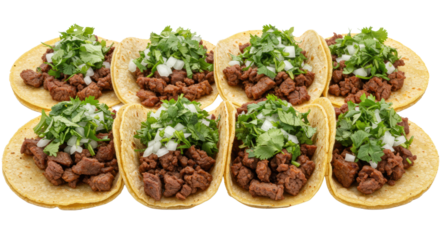 Eight authentic Mexican carne asada tacos with cilantro and red onions, neatly arranged on a transparent background, high-res macro shot, authentic street food concept