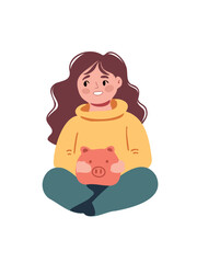 girl sitting with pink piggy bank