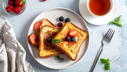 Overhead shot of a plate with golden-brown french toast adorned with fresh berries and a drizzle. A cup of tea and a fork are nearby