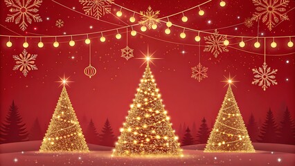 Festive red christmas background with sparkling trees and snowflakes