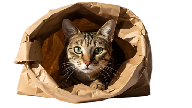 Tabby cat with green eyes peering out from a brown paper bag with its paws resting on the edge
