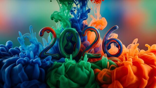 Celebrate the vibrant year of 2026 with this stunning colorful ink explosion, perfect for new year greetings, invitations, or adding a splash of dynamic energy to your creative project
