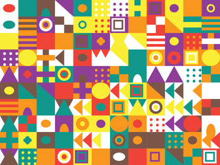 Colorful Geometric Abstract Background with Squares Triangles and Circles in a Playful Arrangement for Modern Design Projects and Creative Visuals perfect for Wallpaper or Textile