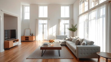 bright modern living room with white sofa and large windows