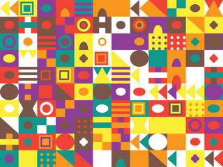 Geometric Shapes Collage Pattern Modern and Colorful Background Design Featuring Circles Squares Triangles and Rectangles Arranged in a Vibrant Textile Pattern