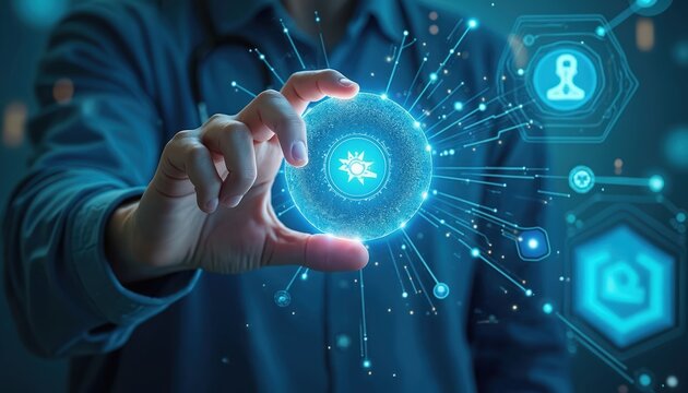 Doctor holds a glowing digital sphere. Futuristic tech concept showing network connections. Innovative healthcare representation. Modern medical technology and scientific advancements are visible.