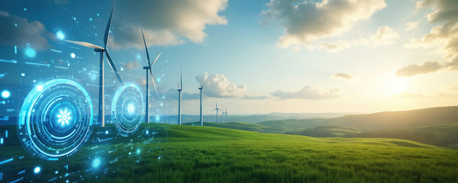 Wind turbines stand on green field. Rotating windmills generate eco friendly power in country. Sunset over hills. Concept of green energy, environment. Digital circles effects. Electric production
