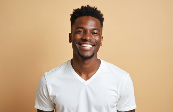 Young Black man with neat hair, clean facial hair, and a white t-shirt smiles broadly. He stands against a plain beige background, looking directly forward with a happy expression.