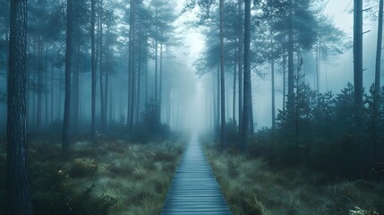 Naklejka premium Foggy Forest Path in a Misty Pine Woodland