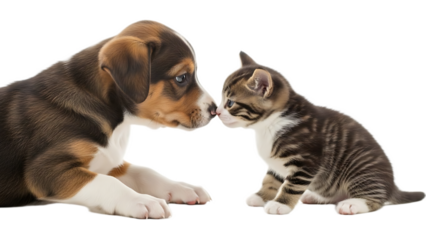 A puppy and kitten touching noses in a close up studio shot on a white background with black background