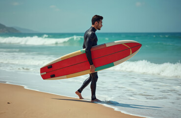 Man in wetsuit walks along beach holding surfboard. He looks out at the ocean waves, ready for surfing. Summer activity, ocean sport, water adventure.