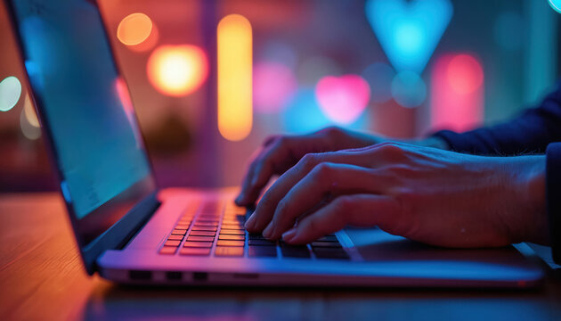 Hands type on laptop keyboard with blurred colorful lights background. Person works on computer in night. Concept of modern office work lifestyle, technology abstract cyberspace business solutions
