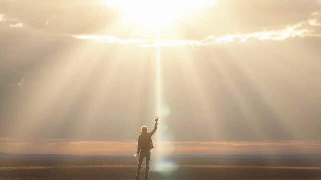 Person reaching up towards divine light streaming down from the heavens, a cinematic moment of hope and inspiration in a tranquil landscape, perfect for themes of spirituality and guidance