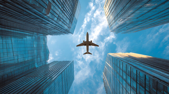 Airplane Soaring Above Modern Skyscrapers