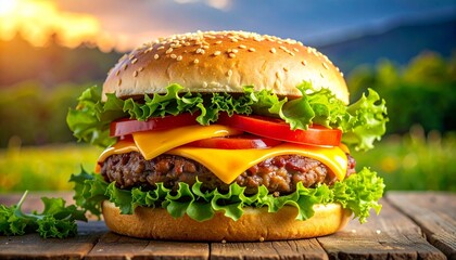 Double cheeseburger with lettuce and tomato on sesame bun showcasing classic fast food indulgence