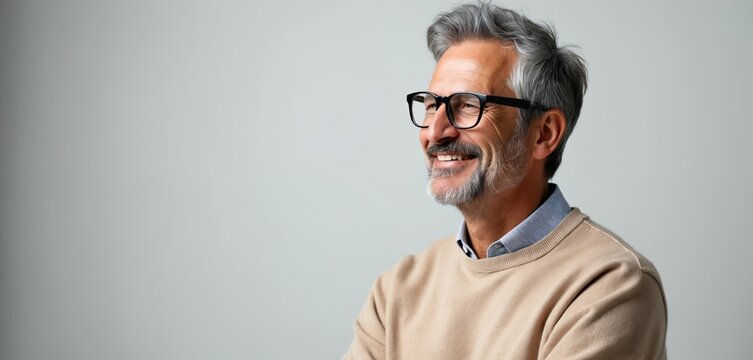 Handsome middle aged man with glasses smiles. The man in beige sweater has a gray beard and stylish haircut. Senior model shows happiness and confidence on white background.
