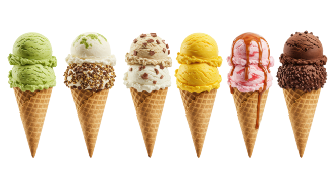 Ten gourmet ice cream cones, diverse flavors and toppings in crispy waffle cones, isolated on a transparent background with copy space. Concept for gourmet dessert advertisement - Powered by Adobe