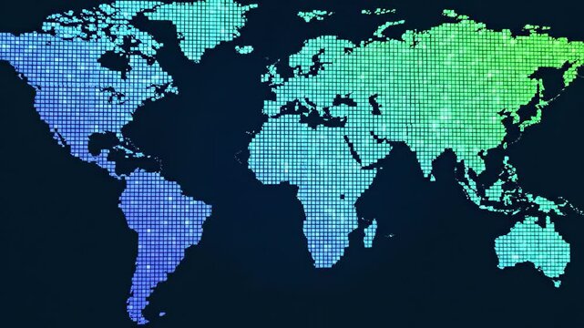 Digital world map with glowing pixel grid representing global network and data connection