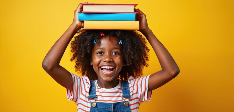 Happy African American schoolgirl holds stack of colorful books on head. Smiles joyfully, excited for new academic year. Bright kid loves learning, education. Ready to study, grow, succeed.