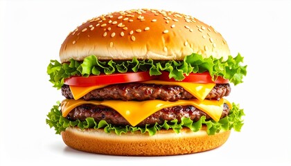 Double cheeseburger with lettuce and tomato on sesame bun showcasing classic fast food indulgence