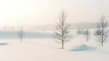 A serene winter landscape featuring bare trees standing in a vast, snow-covered field under a soft, diffused sky.