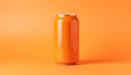 Orange beverage can with water droplets on matching orange background showcasing chilled refreshment