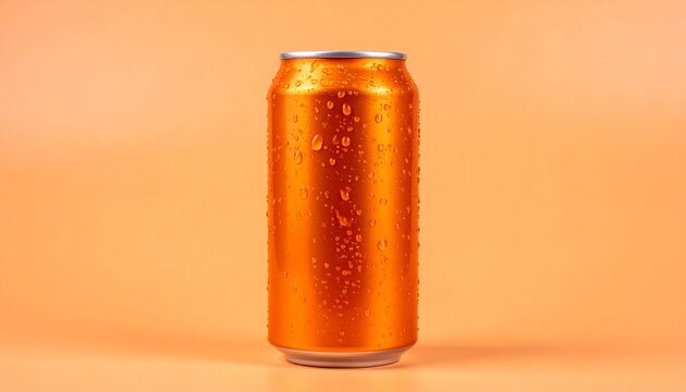 Orange beverage can with water droplets on matching orange background showcasing chilled refreshment