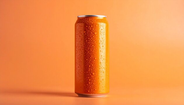 Orange beverage can with water droplets on matching orange background showcasing chilled refreshment