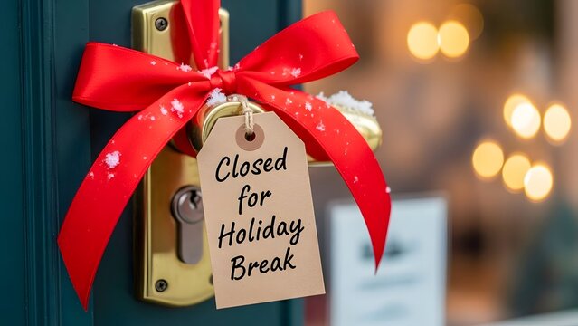 Closed for Holiday Break Sign on Door Handle with Red Ribbon