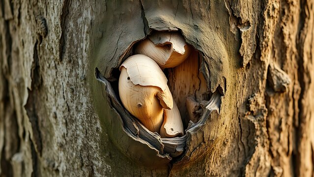 custodianship. Close-up of tree trunk with abnormal swelling and torn bark, textured botanical imperfection. gardening catalogs, home-decor guides, designed for gardening and botanical catalogs.