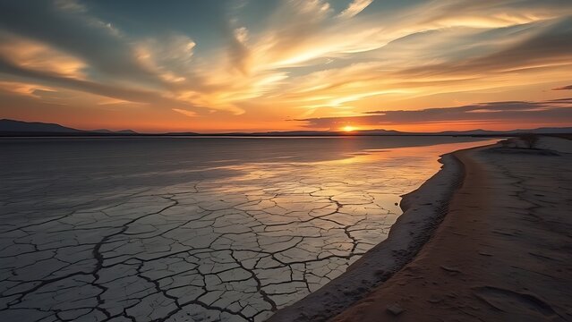 prologue. A receding lake shoreline with exposed cracked dry lakebed under a vast dramatic sunset sky. inspiring travel planning, ESG reports, designed for environmental awareness campaigns.