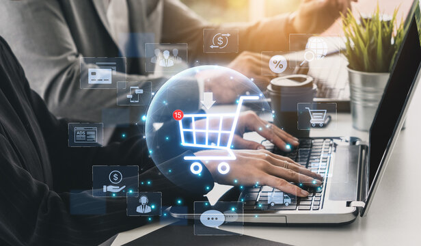 Concept of e-commerce and online shopping technology. A digital marketplace with a customer shopping cart, payment options, and worldwide delivery for a complete retail experience. Fermion